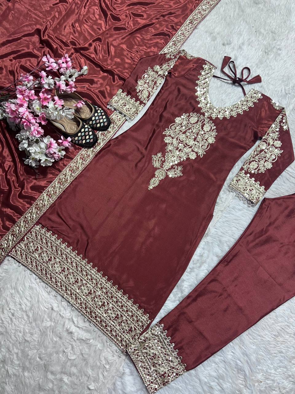 Party Wear Brown Color Pure Chinon Silk With Heavy Embroidery Coding Sequence Work Salwar Suit