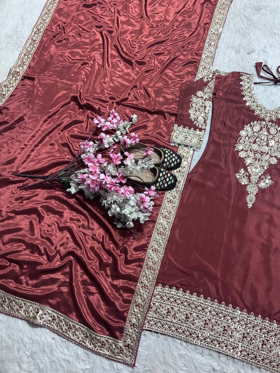 Party Wear Brown Color Pure Chinon Silk With Heavy Embroidery Coding Sequence Work Salwar Suit