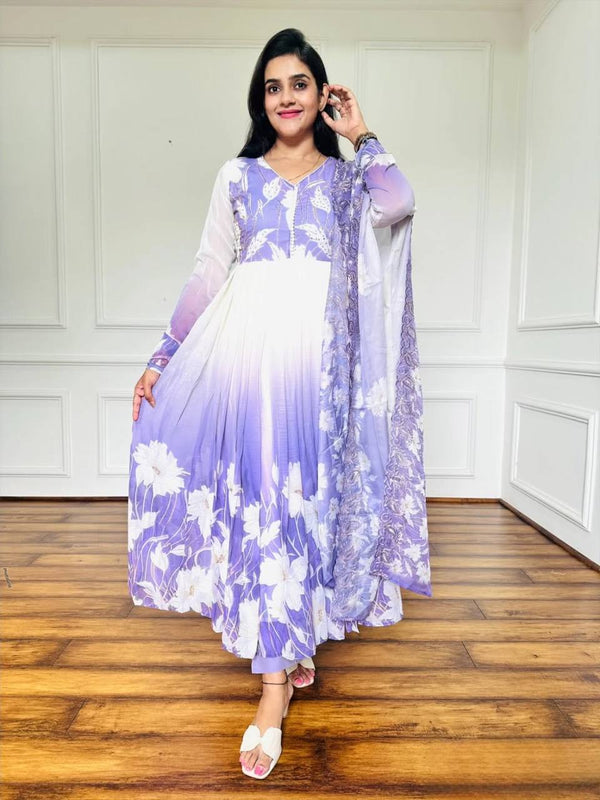 Sky Blue Color Digital Printed And Embroidery Work Gown