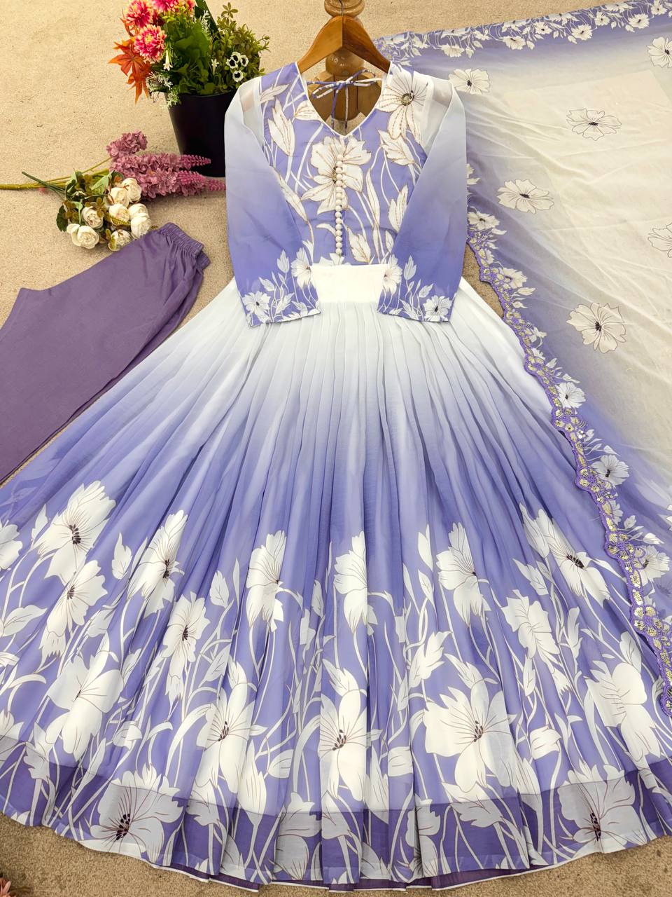 Sky Blue Color Digital Printed And Embroidery Work Gown
