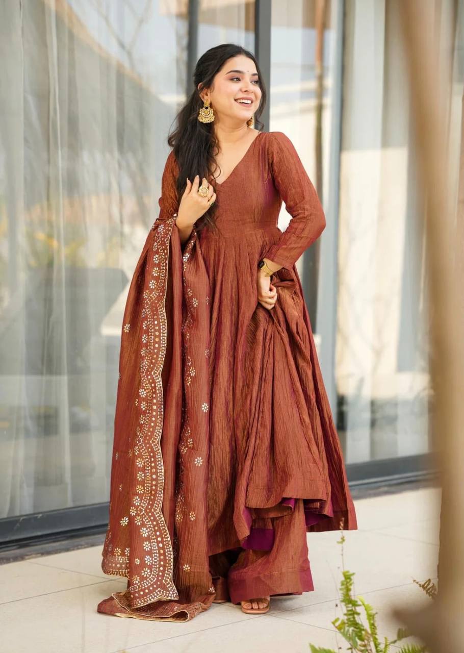 Designer Party Wear Rust Color Heavy Fandy Silk Gown With Embroidery Sequence Work Dupatta