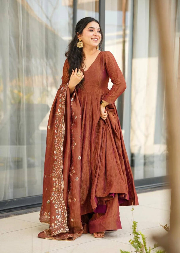 Designer Party Wear Rust Color Heavy Fandy Silk Gown With Embroidery Sequence Work Dupatta