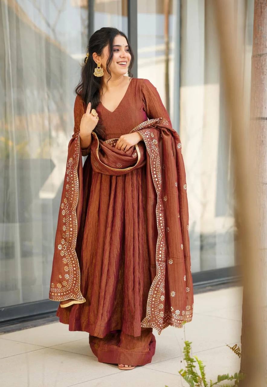 Designer Party Wear Rust Color Heavy Fandy Silk Gown With Embroidery Sequence Work Dupatta