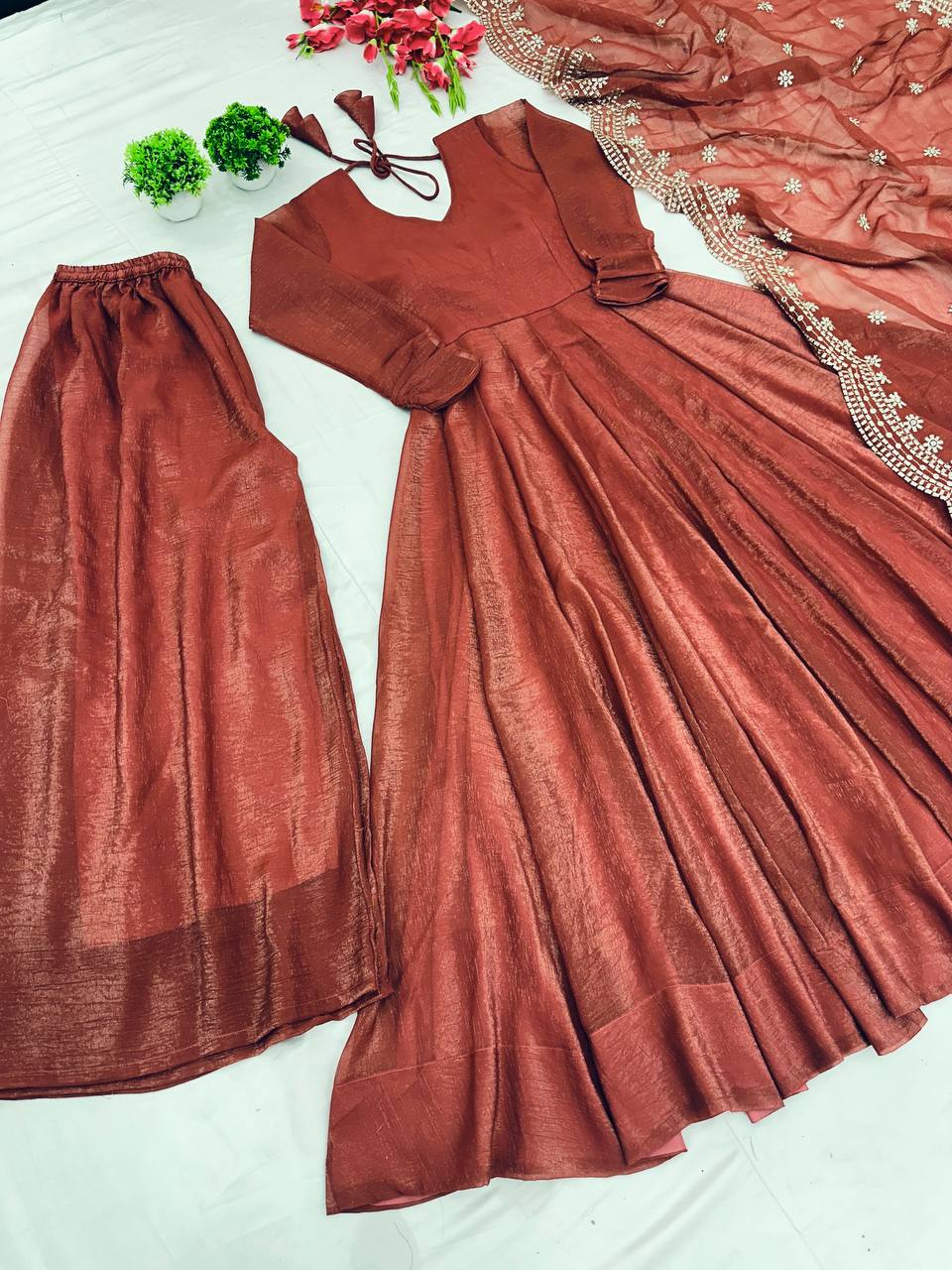 Designer Party Wear Rust Color Heavy Fandy Silk Gown With Embroidery Sequence Work Dupatta