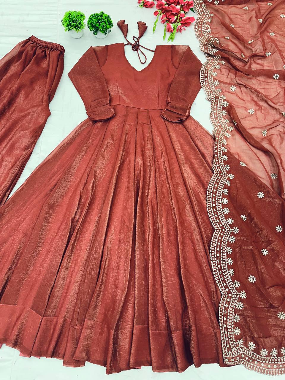 Designer Party Wear Rust Color Heavy Fandy Silk Gown With Embroidery Sequence Work Dupatta