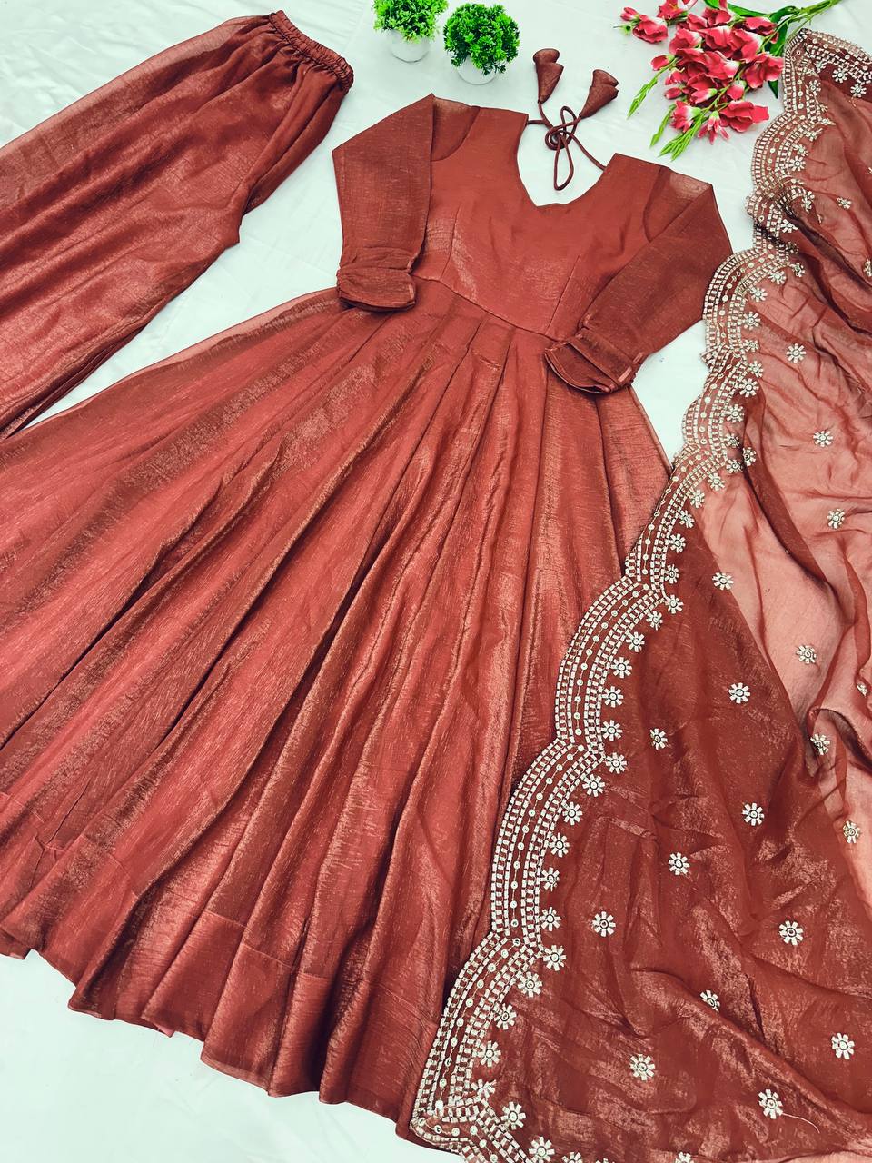 Designer Party Wear Rust Color Heavy Fandy Silk Gown With Embroidery Sequence Work Dupatta