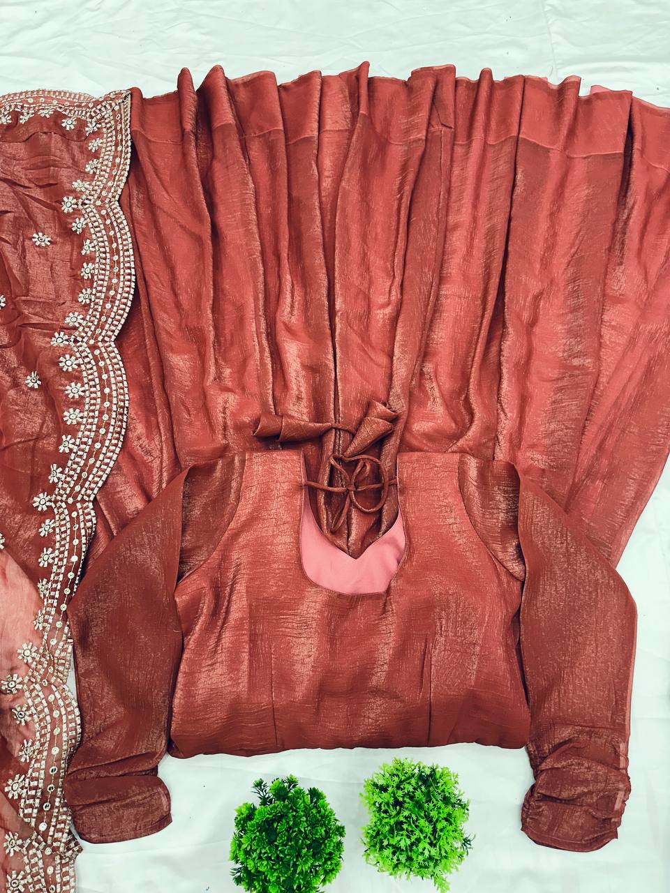 Designer Party Wear Rust Color Heavy Fandy Silk Gown With Embroidery Sequence Work Dupatta