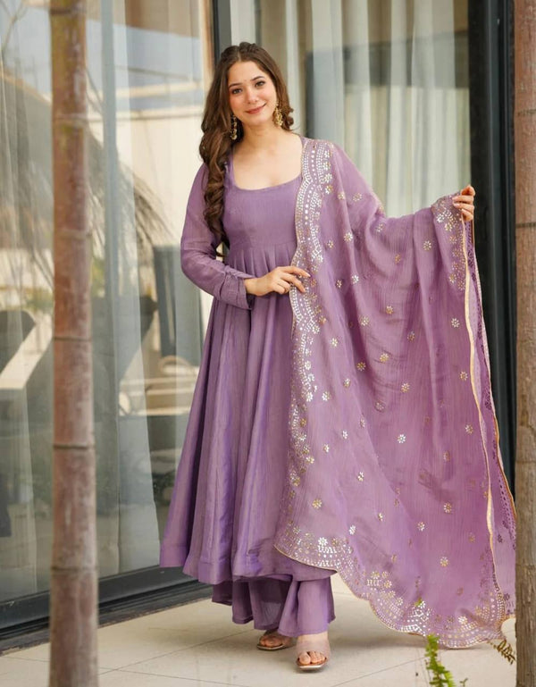 Designer Party Wear Lavender Color Heavy Fandy Silk Gown With Embroidery Sequence Work Dupatta