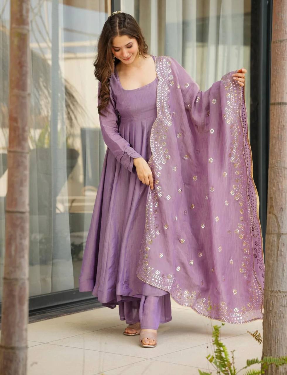 Designer Party Wear Lavender Color Heavy Fandy Silk Gown With Embroidery Sequence Work Dupatta