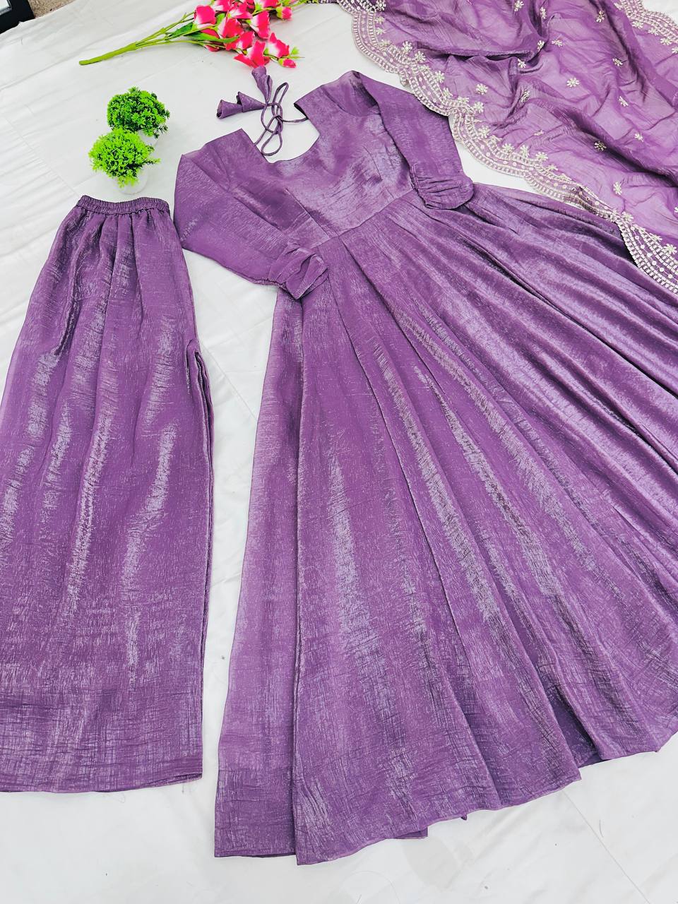 Designer Party Wear Lavender Color Heavy Fandy Silk Gown With Embroidery Sequence Work Dupatta