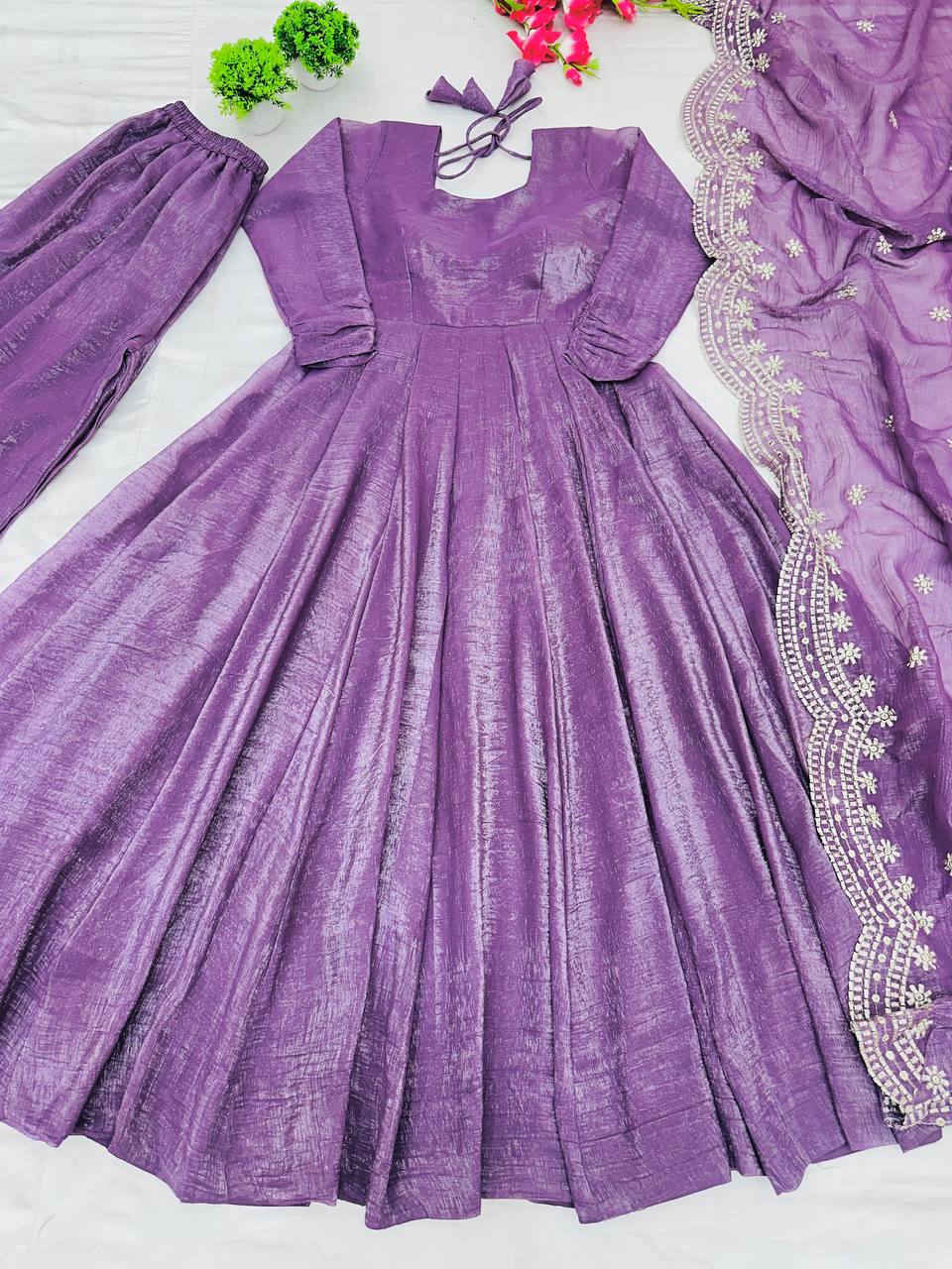 Designer Party Wear Lavender Color Heavy Fandy Silk Gown With Embroidery Sequence Work Dupatta