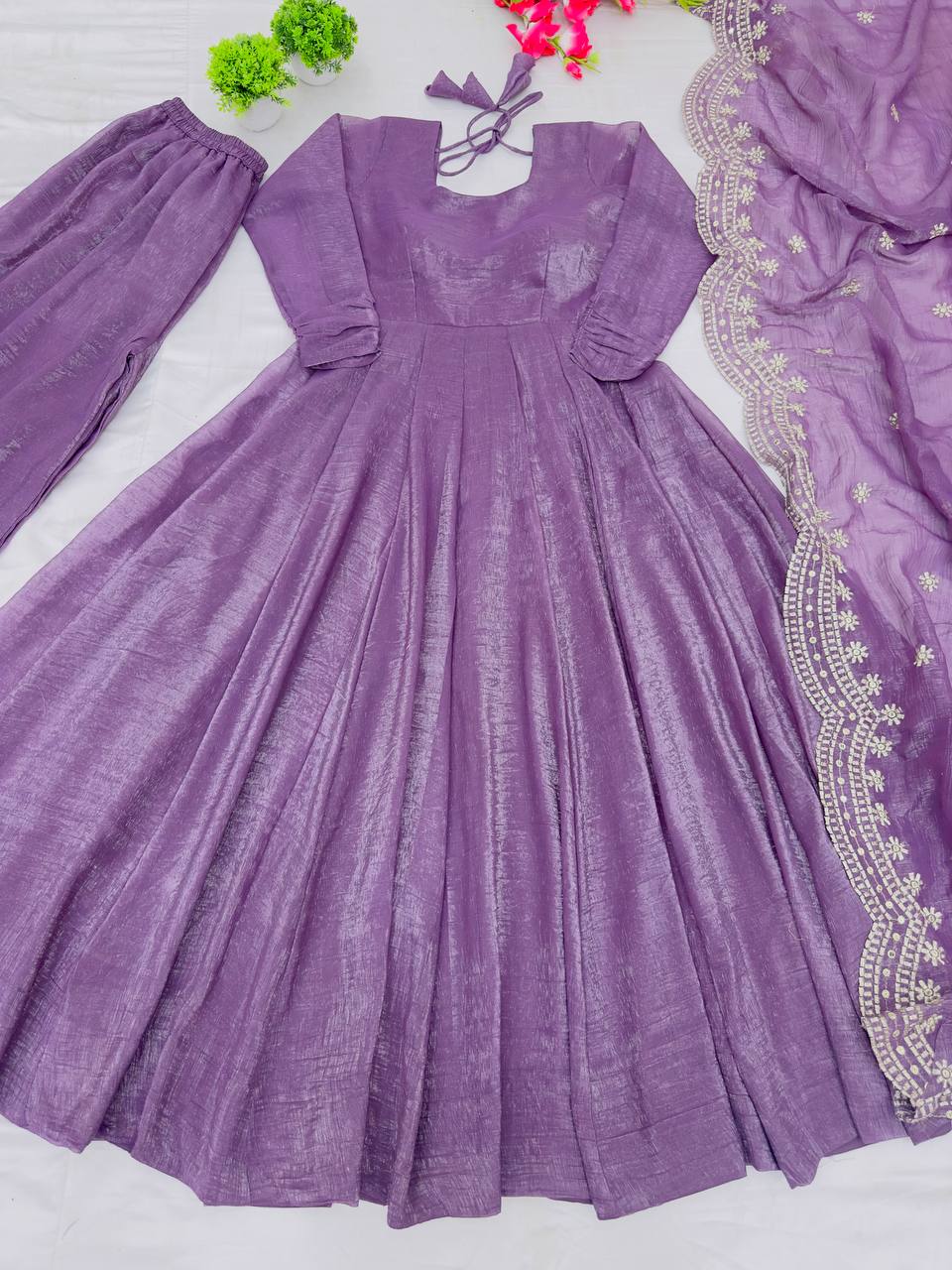 Designer Party Wear Lavender Color Heavy Fandy Silk Gown With Embroidery Sequence Work Dupatta