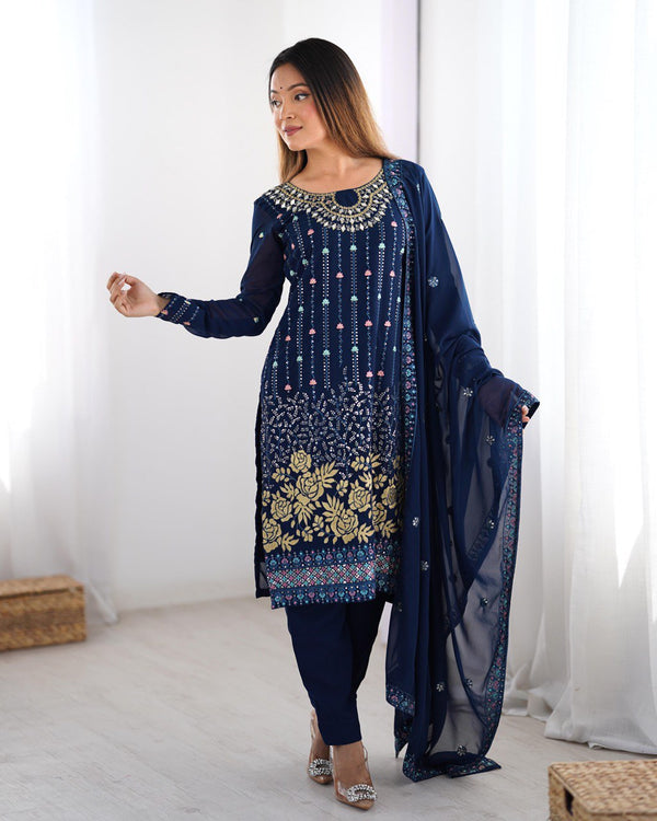 Occasion Wear Navy Color Faux Georgette Thread And Sequence Work Salwar Suit
