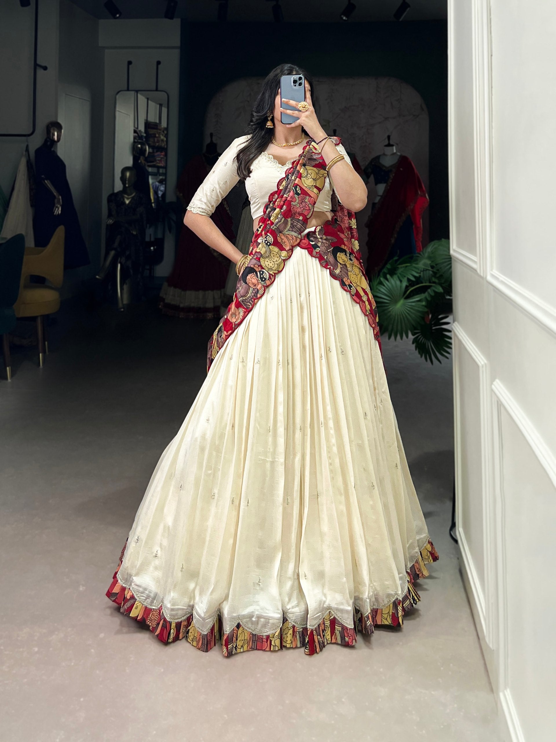 Exclusive Off White Color Vichitra Silk Sequins And Thread Embroidery Work Lehenga Choli