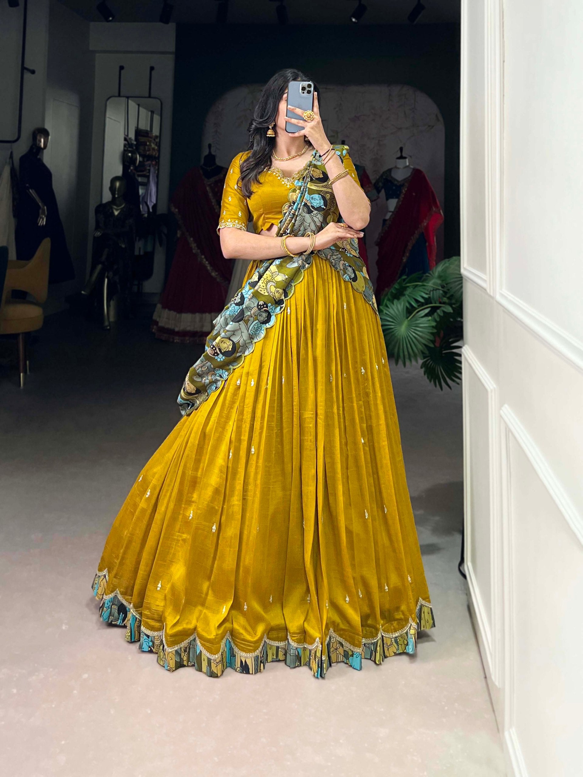 Marvelous Mustard Color Vichitra Silk Sequins And Thread Embroidery Work Lehenga Choli