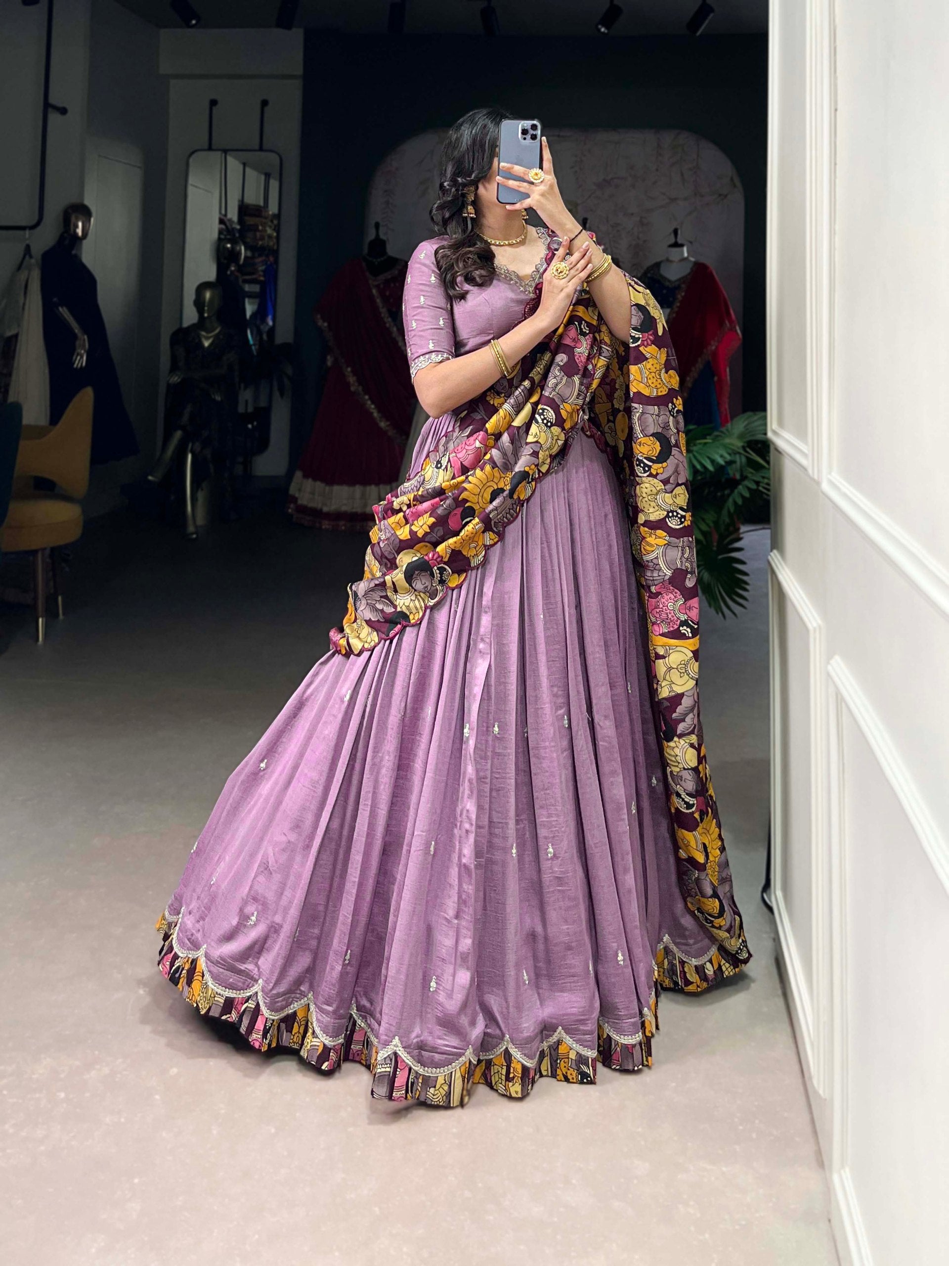 Exclusive Lavender Color Vichitra Silk Sequins And Thread Embroidery Work Lehenga Choli