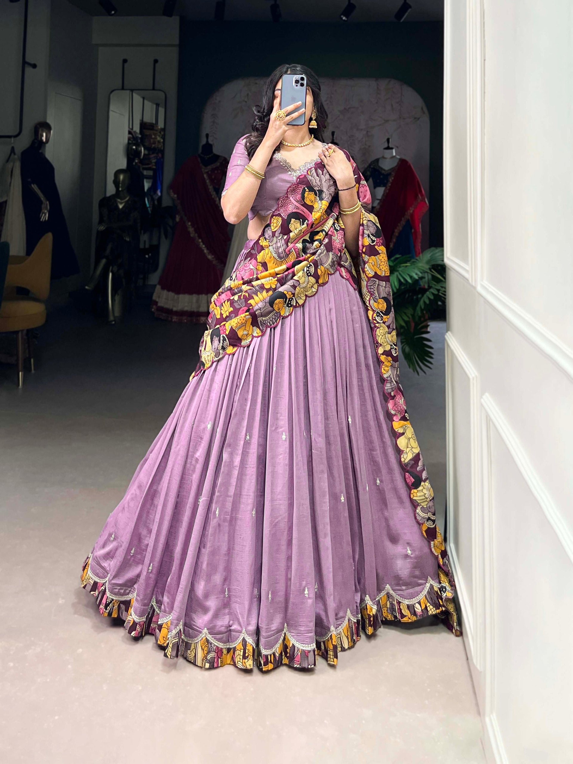 Exclusive Lavender Color Vichitra Silk Sequins And Thread Embroidery Work Lehenga Choli