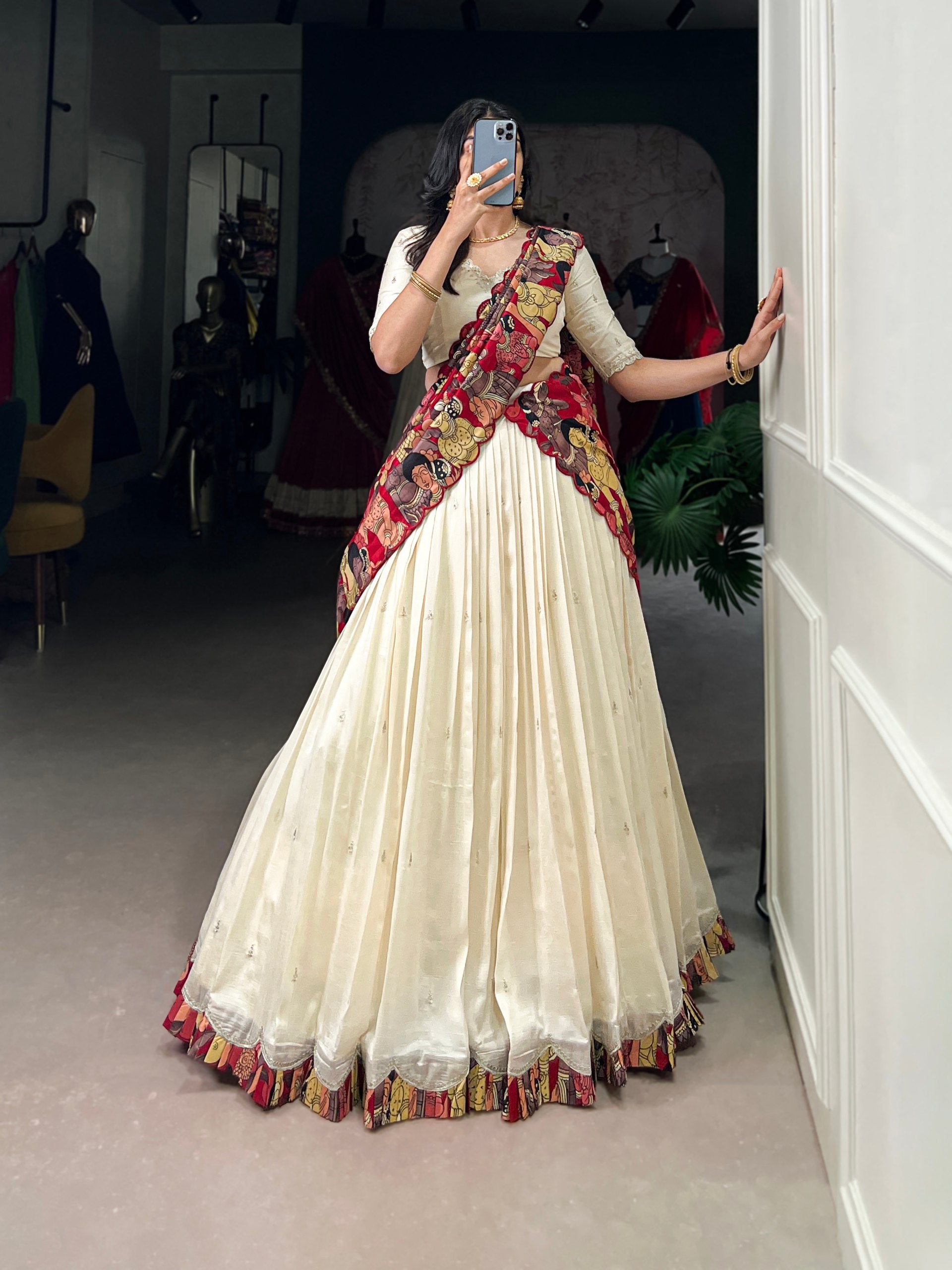 Exclusive Off White Color Vichitra Silk Sequins And Thread Embroidery Work Lehenga Choli