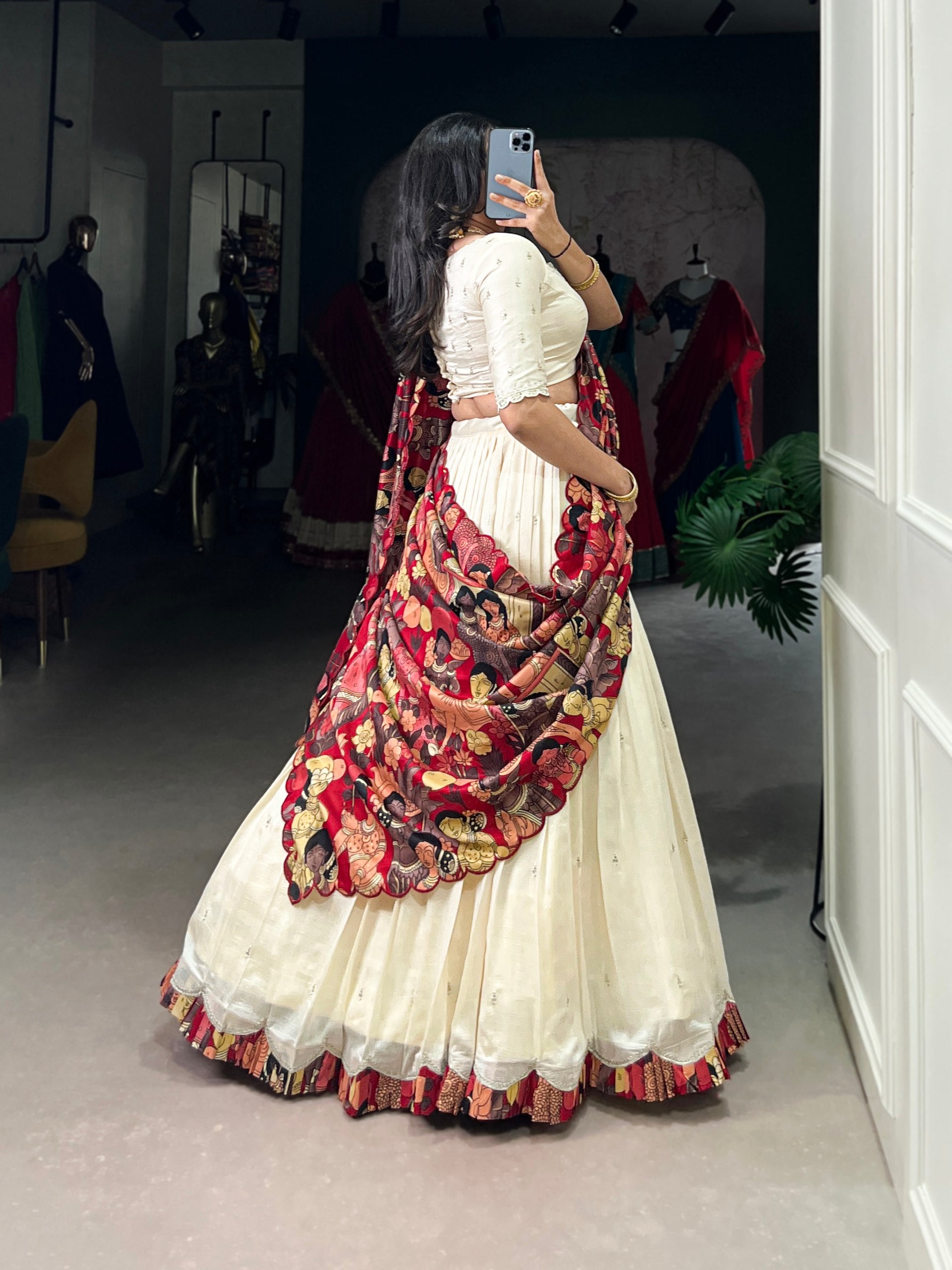 Exclusive Off White Color Vichitra Silk Sequins And Thread Embroidery Work Lehenga Choli