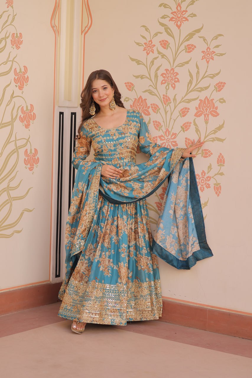 Function Wear Sky Blue Color Rich Digital Print With Embroidered Sequins Work Gown