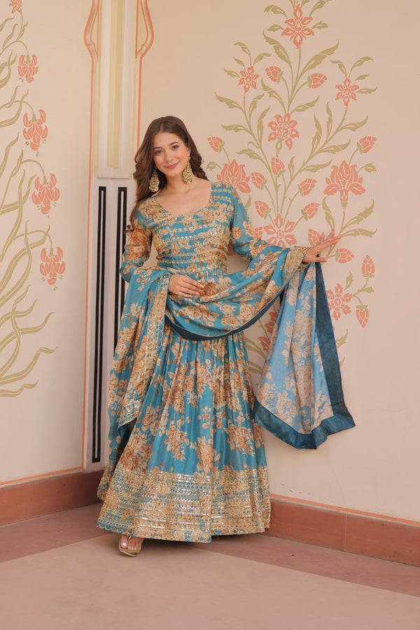 Function Wear Sky Blue Color Rich Digital Print With Embroidered Sequins Work Gown