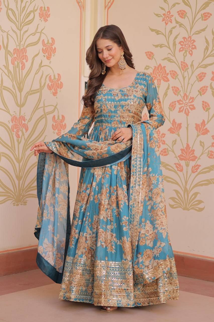 Function Wear Sky Blue Color Rich Digital Print With Embroidered Sequins Work Gown