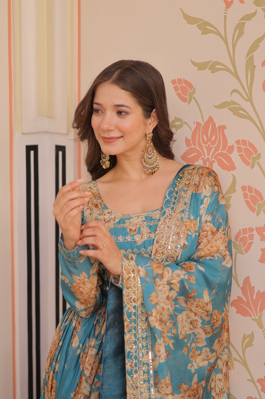 Function Wear Sky Blue Color Rich Digital Print With Embroidered Sequins Work Gown