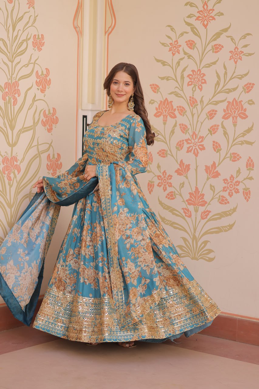Function Wear Sky Blue Color Rich Digital Print With Embroidered Sequins Work Gown