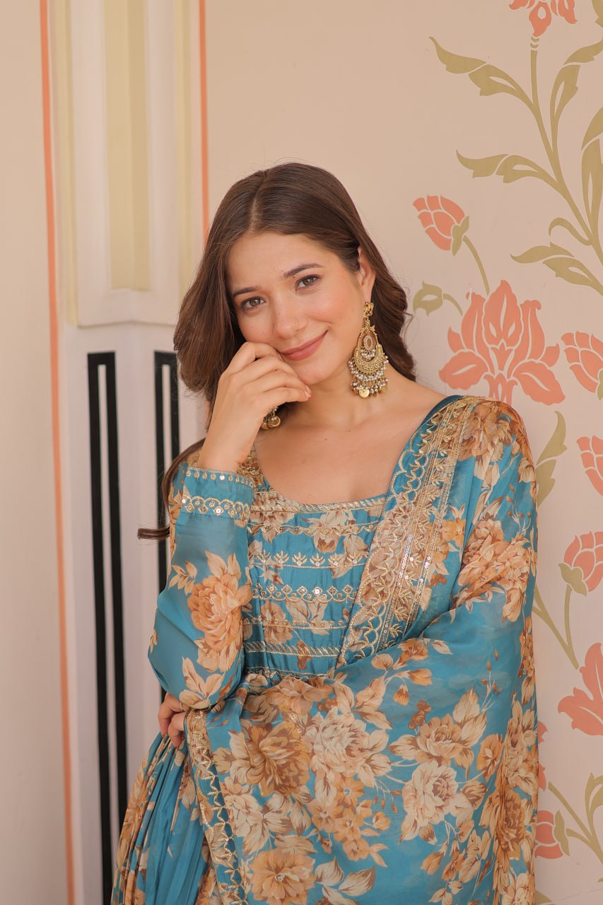 Function Wear Sky Blue Color Rich Digital Print With Embroidered Sequins Work Gown