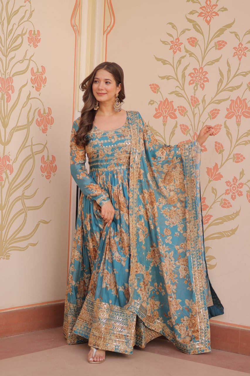 Function Wear Sky Blue Color Rich Digital Print With Embroidered Sequins Work Gown