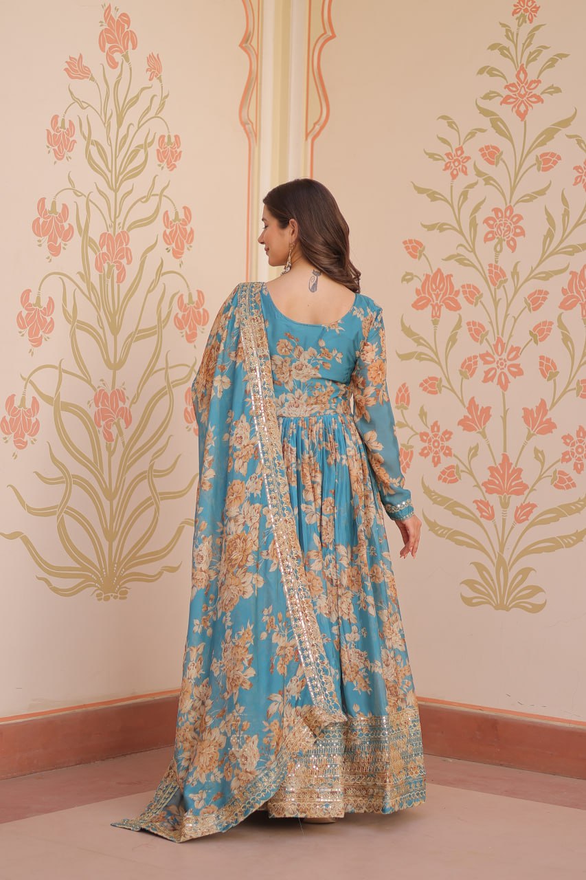 Function Wear Sky Blue Color Rich Digital Print With Embroidered Sequins Work Gown