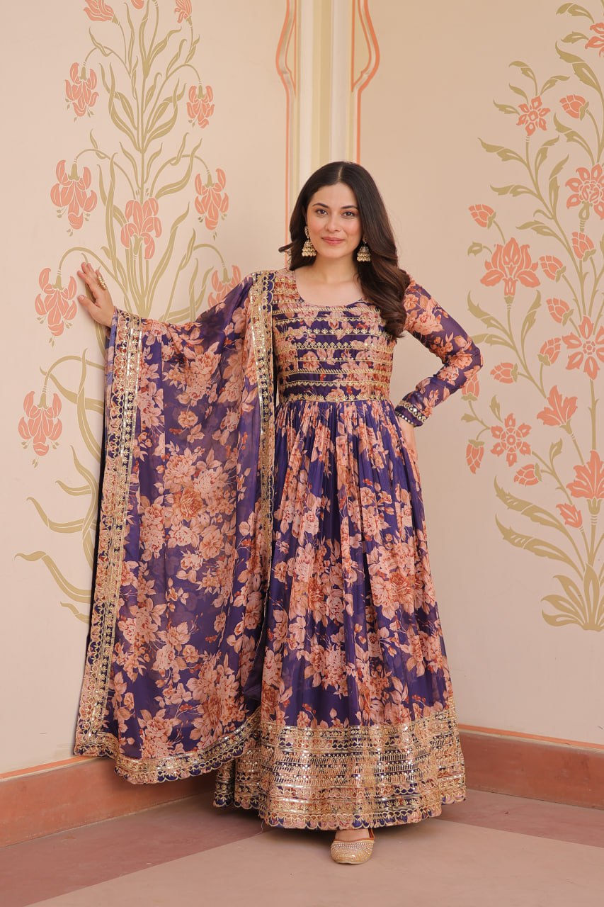 Function Wear Purple Color Rich Digital Print With Embroidered Sequins Work Gown