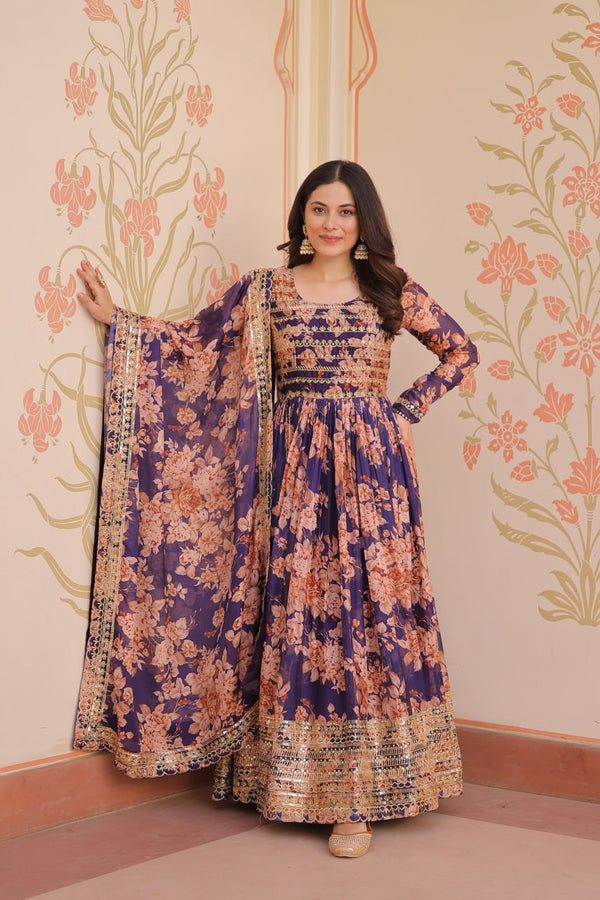 Function Wear Purple Color Rich Digital Print With Embroidered Sequins Work Gown