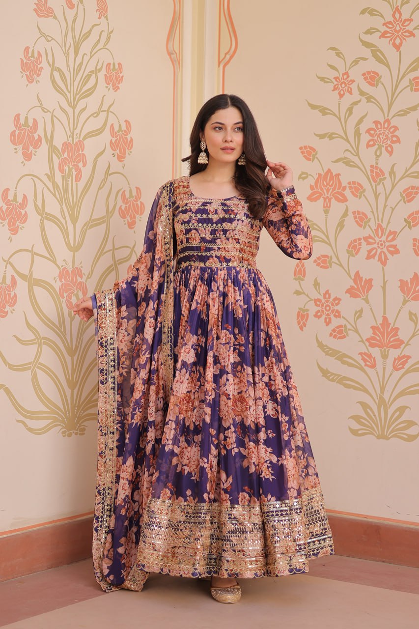Function Wear Purple Color Rich Digital Print With Embroidered Sequins Work Gown