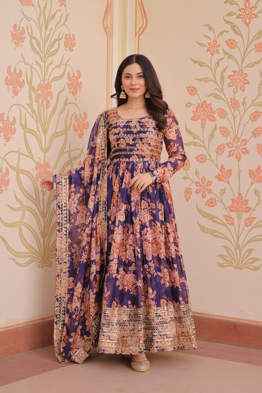 Function Wear Purple Color Rich Digital Print With Embroidered Sequins Work Gown