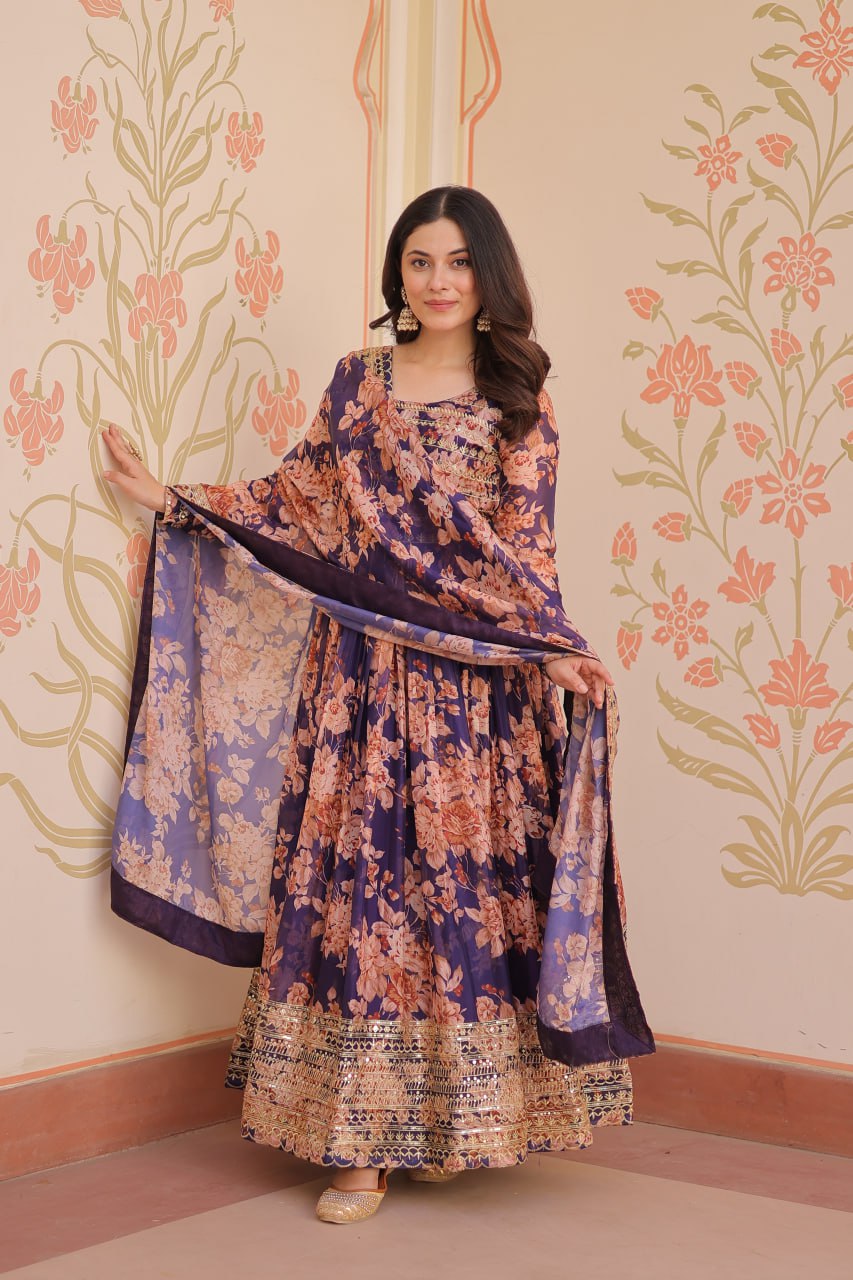 Function Wear Purple Color Rich Digital Print With Embroidered Sequins Work Gown