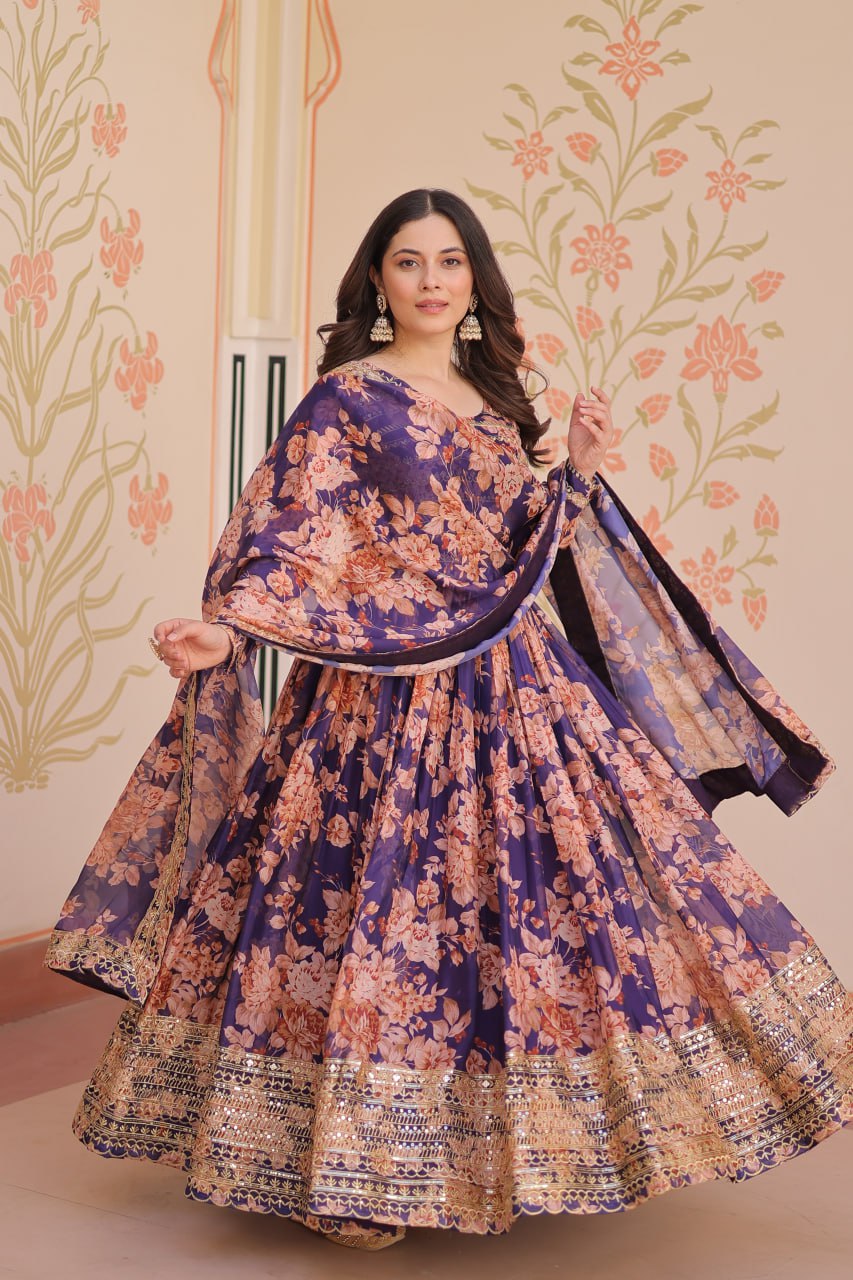 Function Wear Purple Color Rich Digital Print With Embroidered Sequins Work Gown