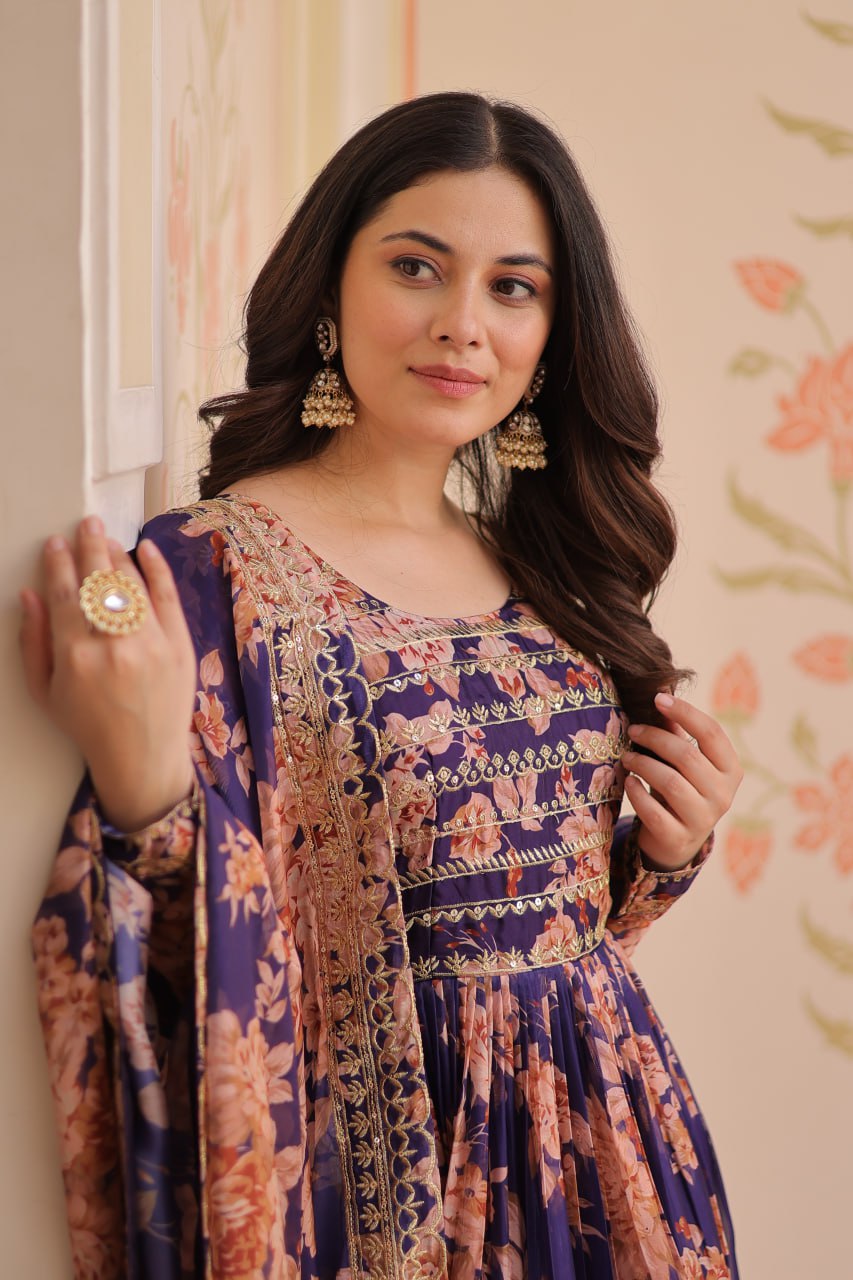 Function Wear Purple Color Rich Digital Print With Embroidered Sequins Work Gown