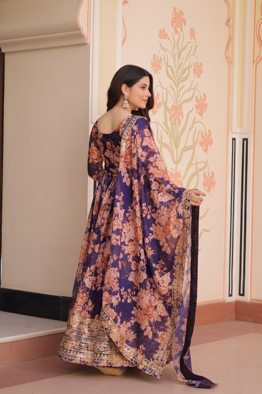 Function Wear Purple Color Rich Digital Print With Embroidered Sequins Work Gown