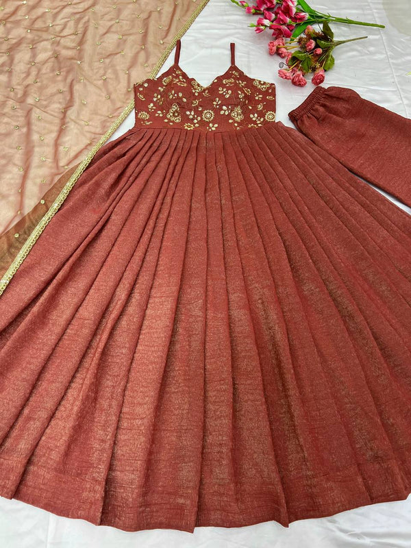 Party Wear Light Brown Fancy Silk With Embroidery Sequence Work With Attached Cups Designer Gown