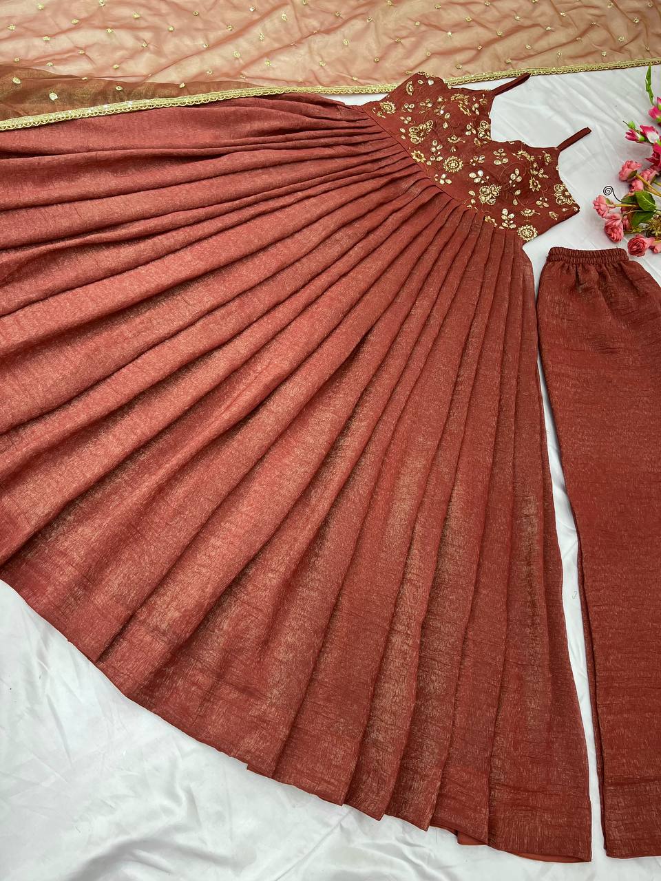 Party Wear Light Brown Fancy Silk With Embroidery Sequence Work With Attached Cups Designer Gown