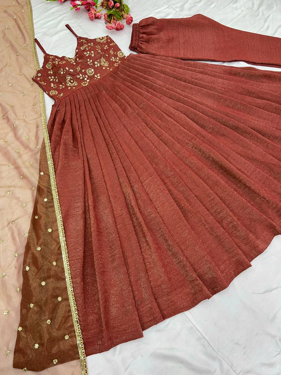 Party Wear Light Brown Fancy Silk With Embroidery Sequence Work With Attached Cups Designer Gown