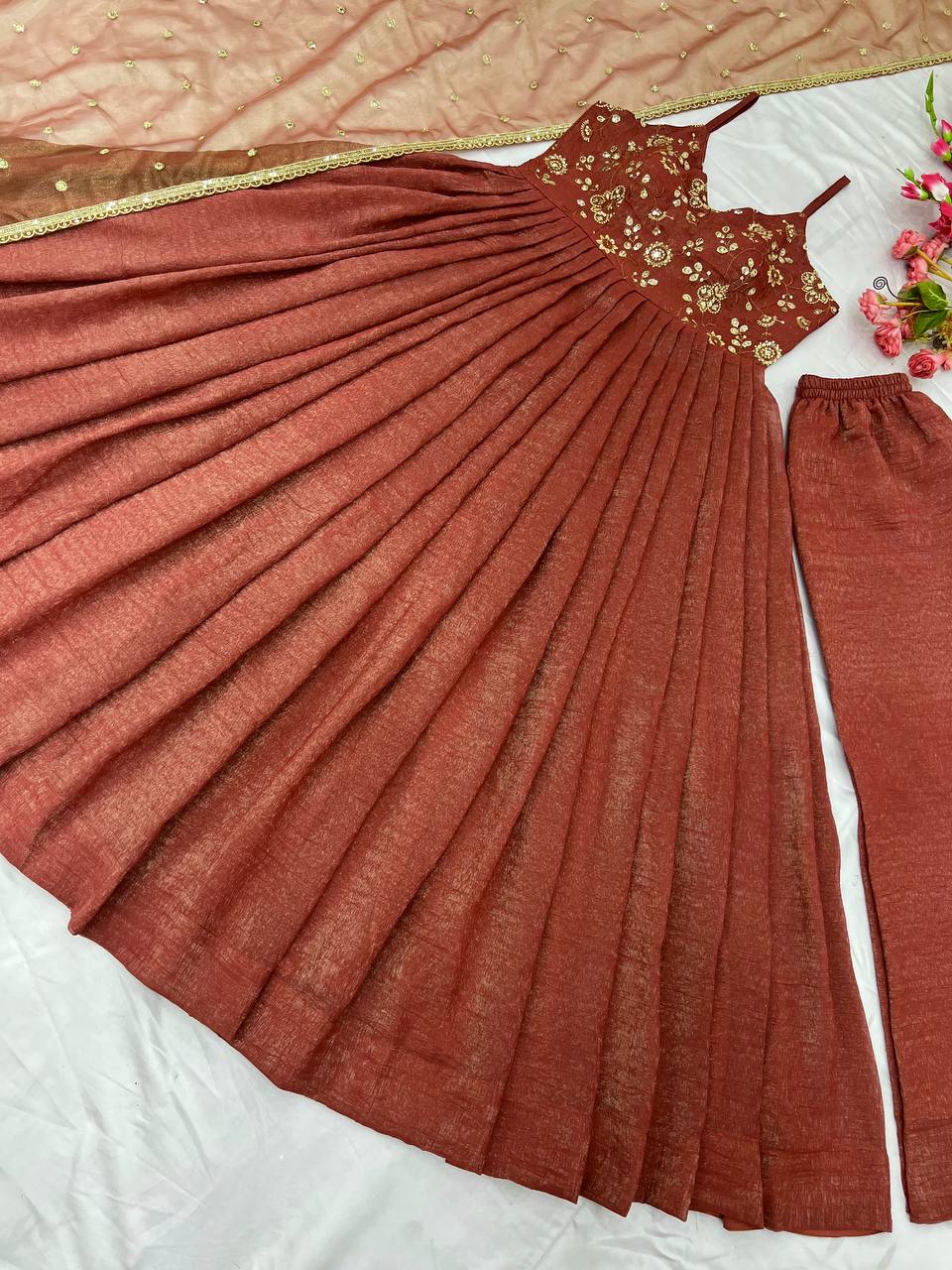 Party Wear Light Brown Fancy Silk With Embroidery Sequence Work With Attached Cups Designer Gown