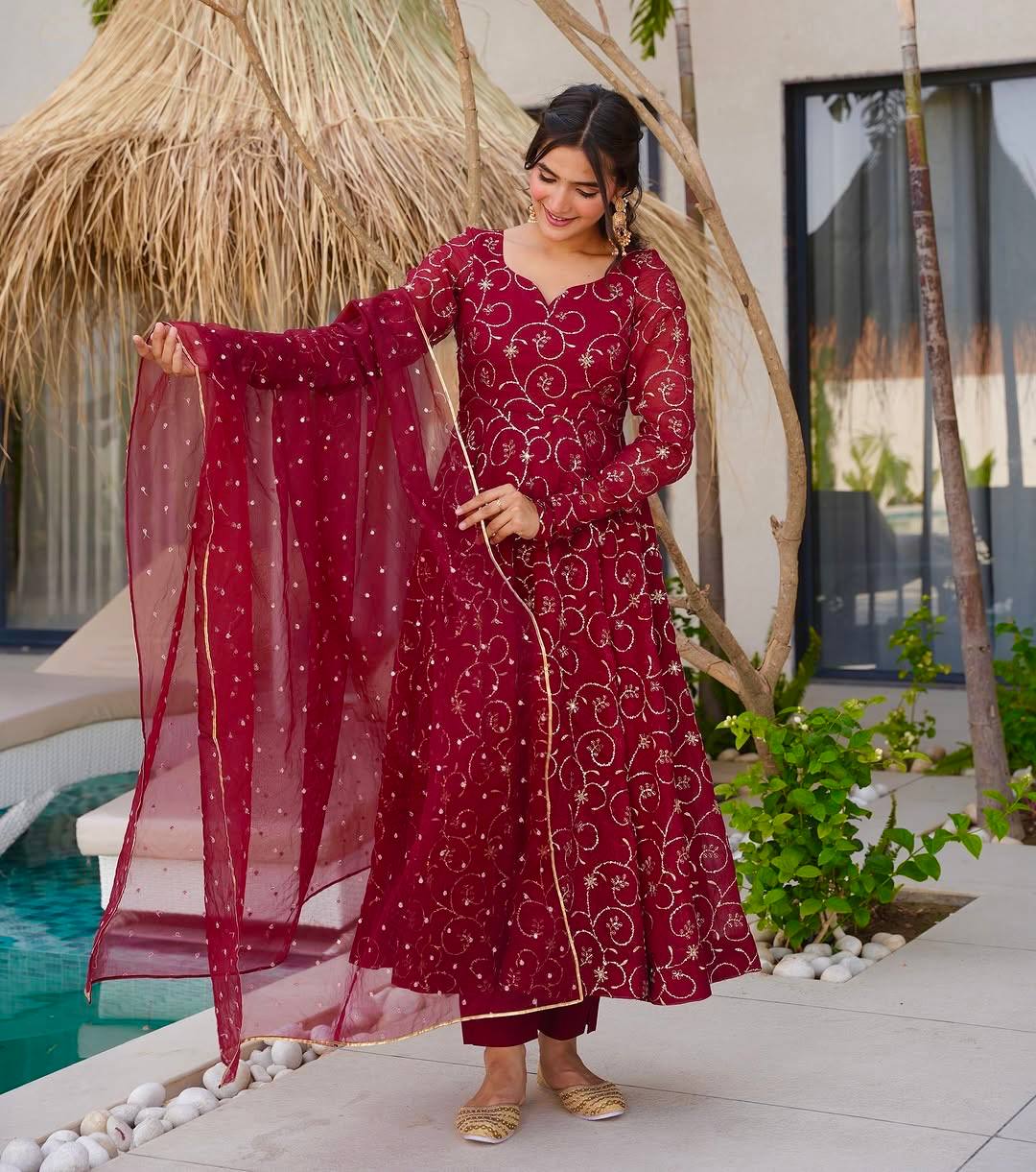 Wedding Wear Maroon Color Faux Georgette Gown Set