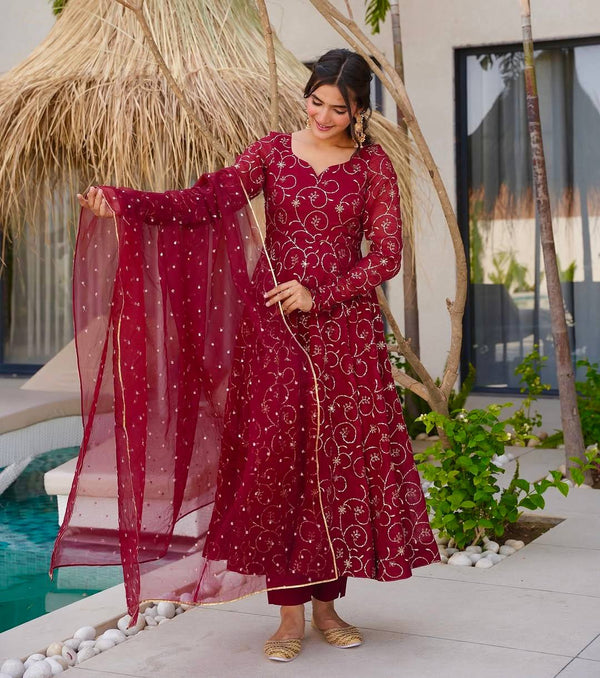 Wedding Wear Maroon Color Faux Georgette Gown Set