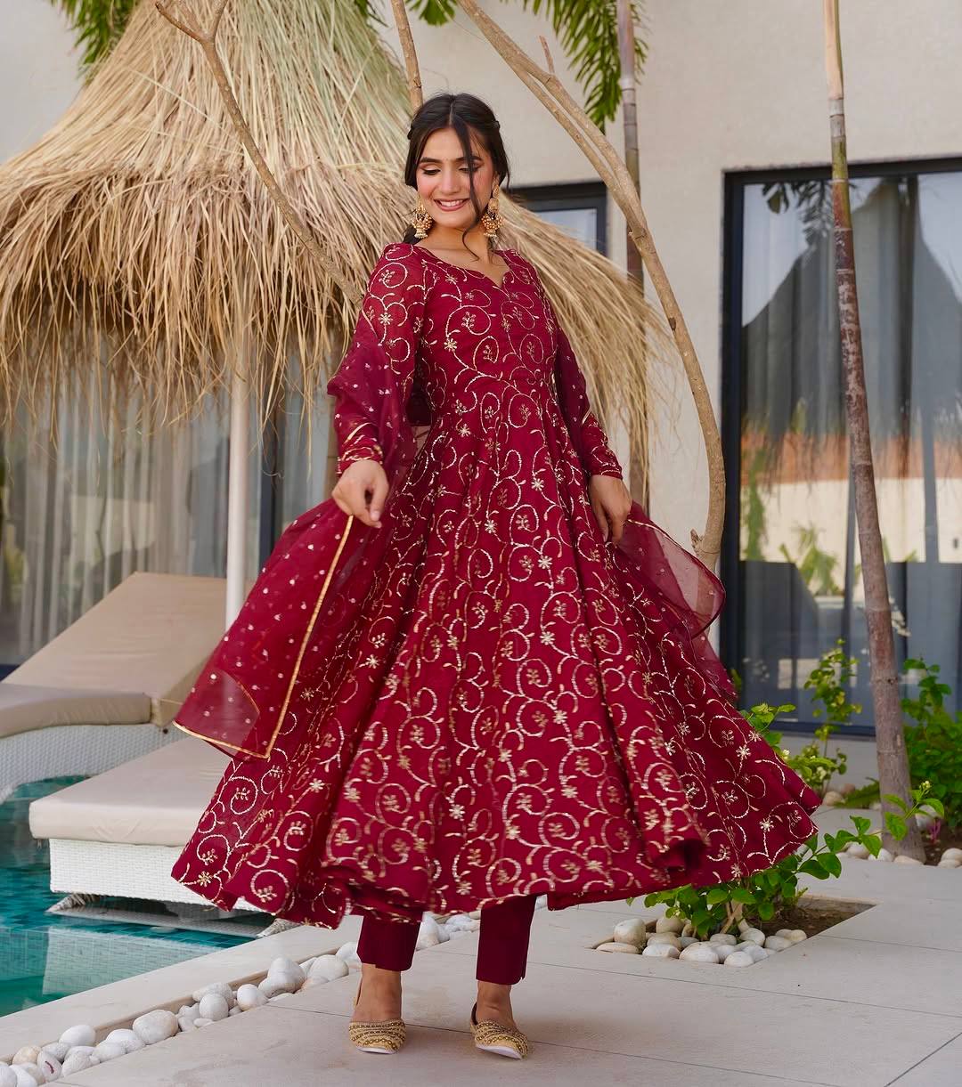 Wedding Wear Maroon Color Faux Georgette Gown Set