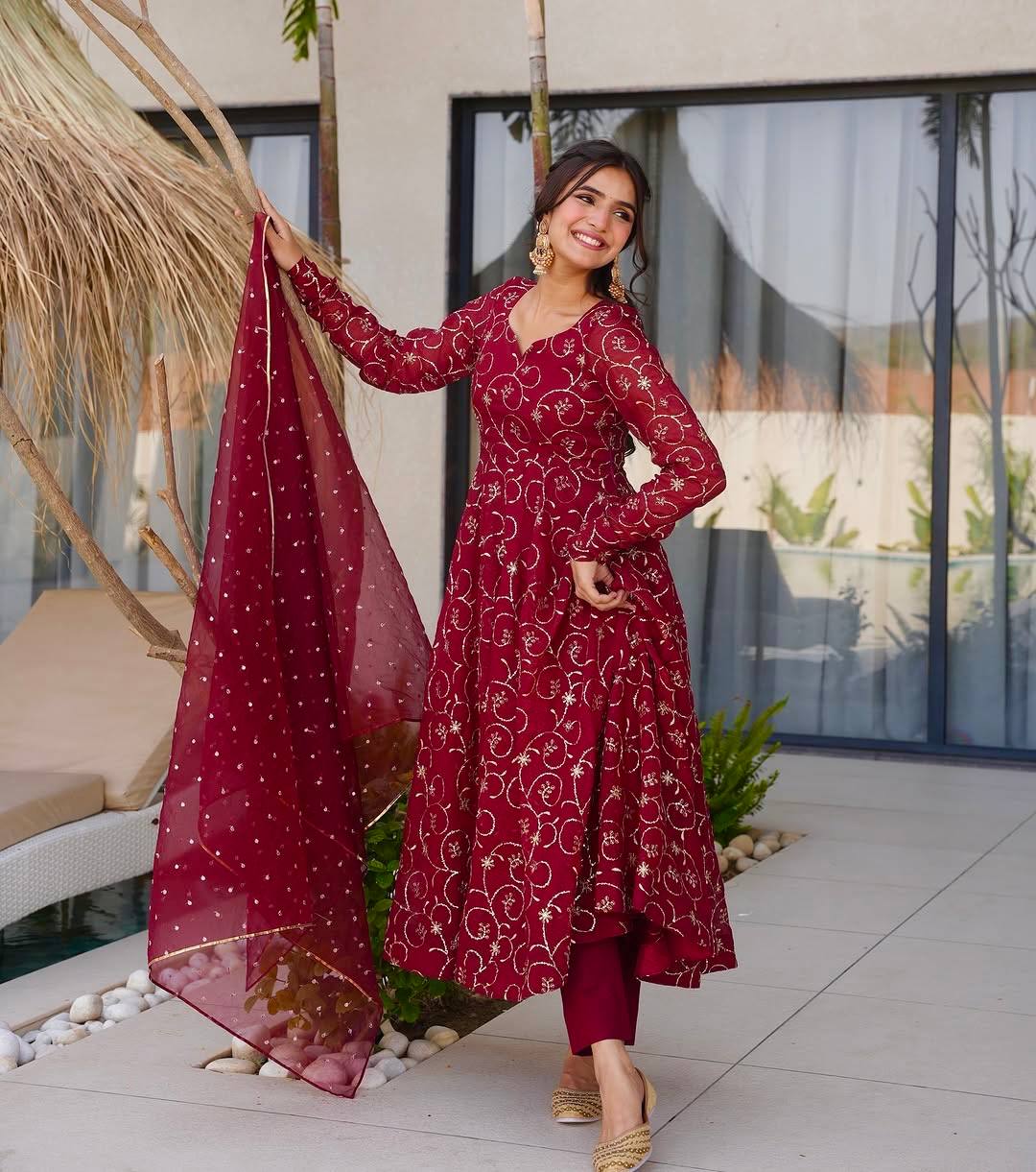 Wedding Wear Maroon Color Faux Georgette Gown Set