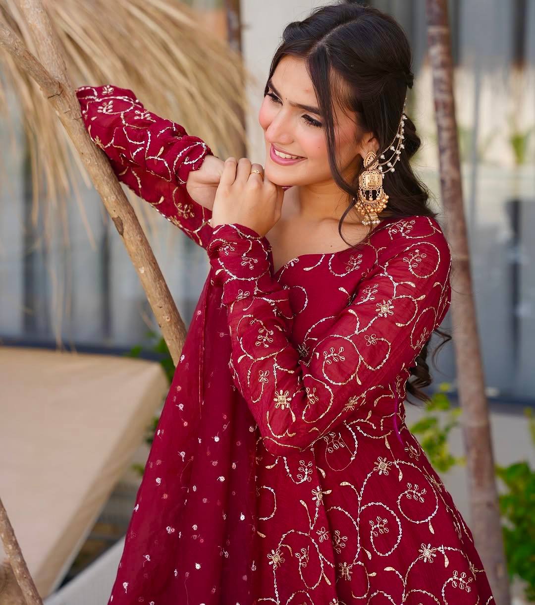 Wedding Wear Maroon Color Faux Georgette Gown Set