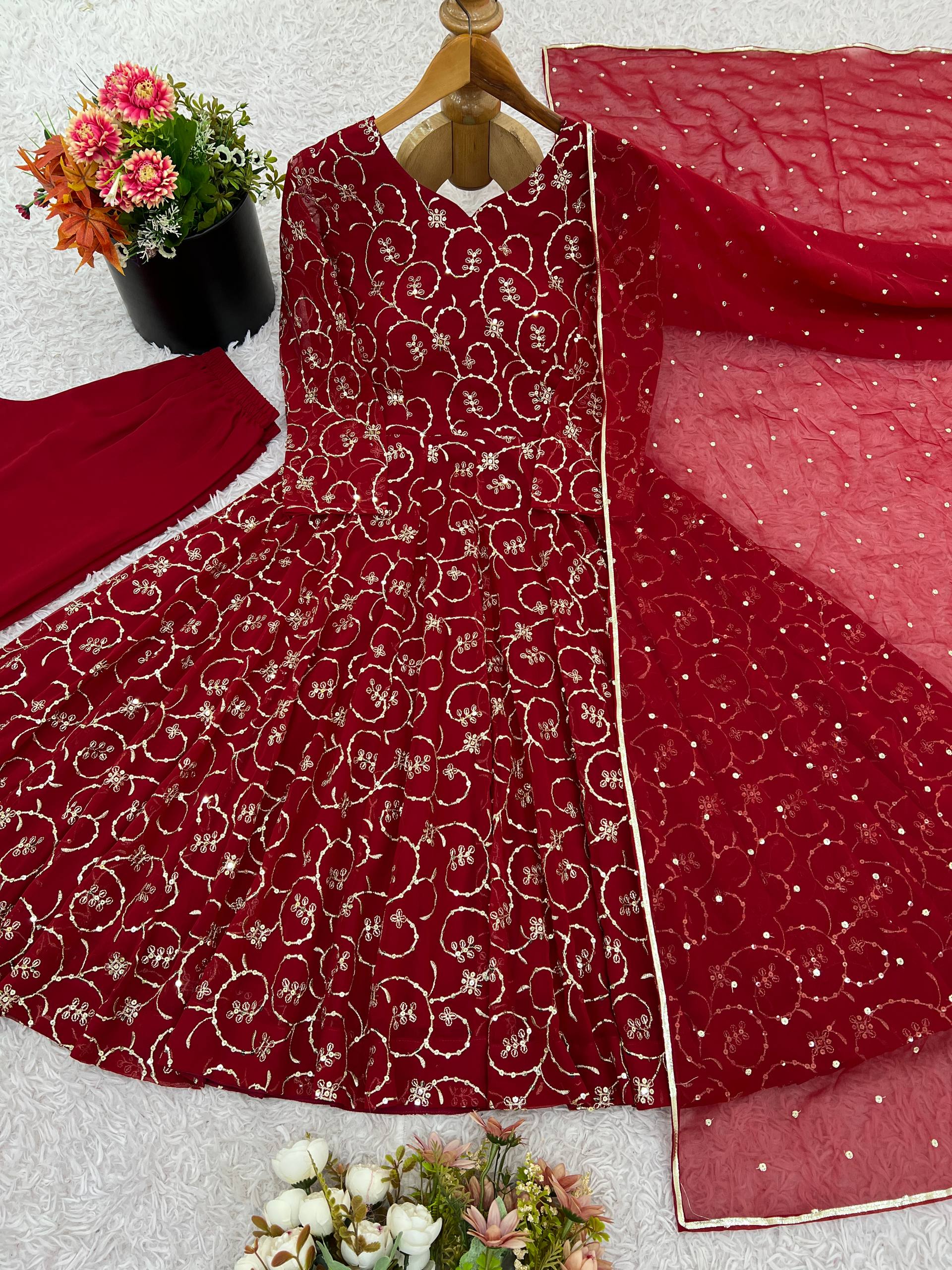 Wedding Wear Maroon Color Faux Georgette Gown Set