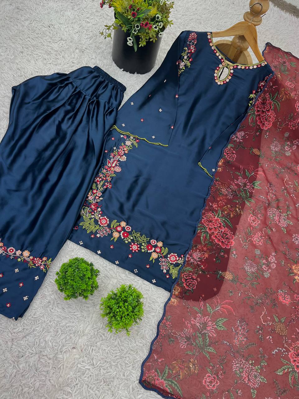 Traditional Wear Neavy Blue Color Pure Natural Crep Silk With Embroidery Sequence Work Salwar Suit